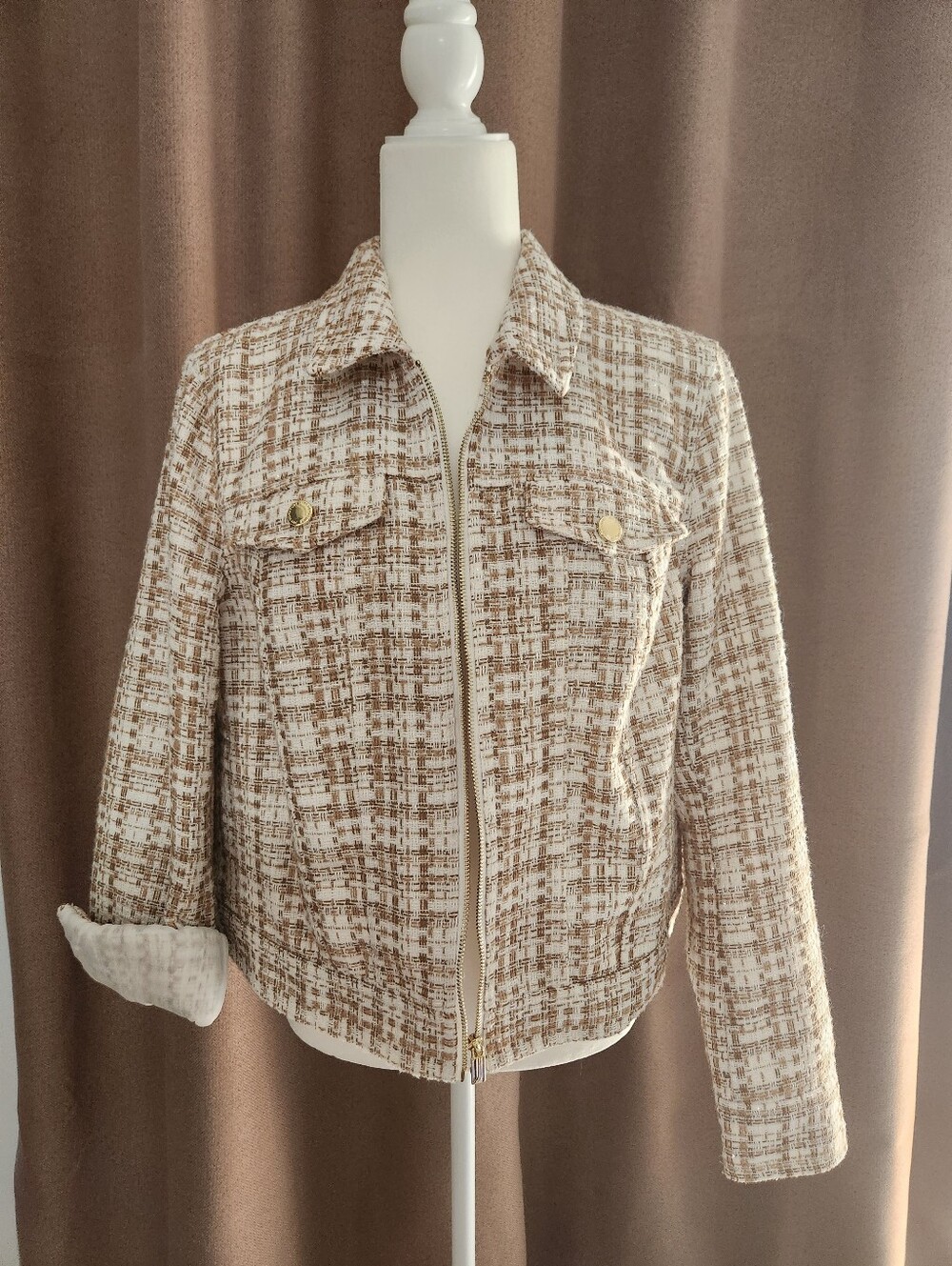 Classic Tweed Zip-Front Jacket - White & Brown